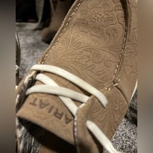 Ariat Floral-Embossed Tan Slip-On Moccasins with Cream Laces